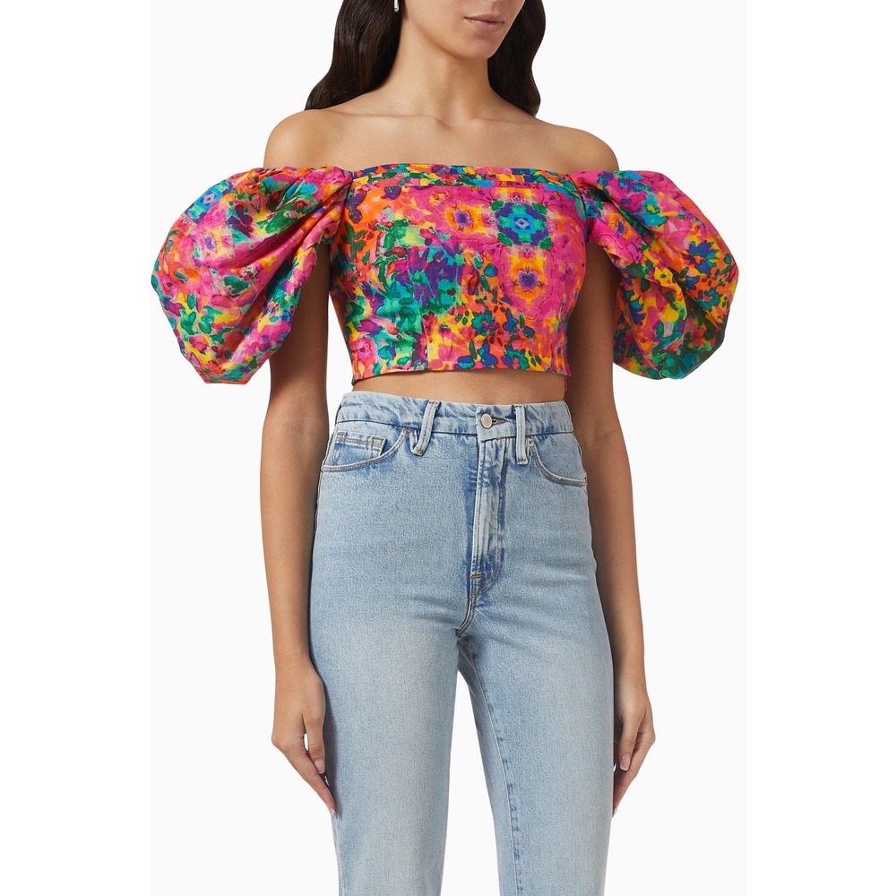 ELLIATT Top Women's M Rae Watercolor Floral Off the Shoulder Puff Sleeve Crop